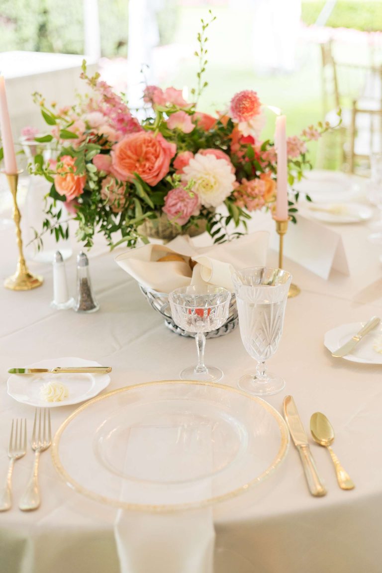 Puyallup Garden Wedding table setting with white linens and gold flatware decor ideas