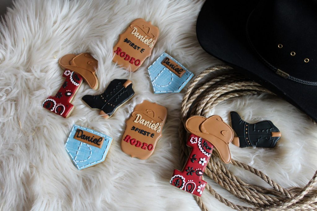 Custom rodeo-themed sugar cookies for a birthday party in Puyallup, Washington.