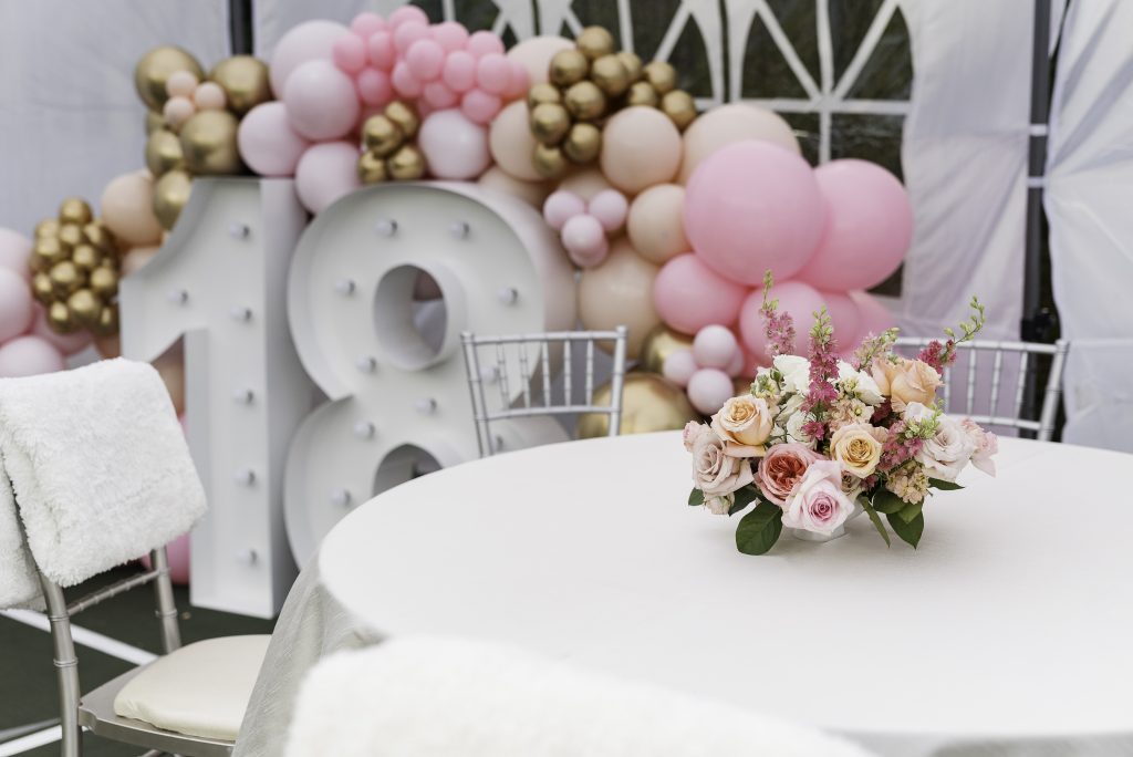 Tacoma Birthday Party decor balloons and girly florals